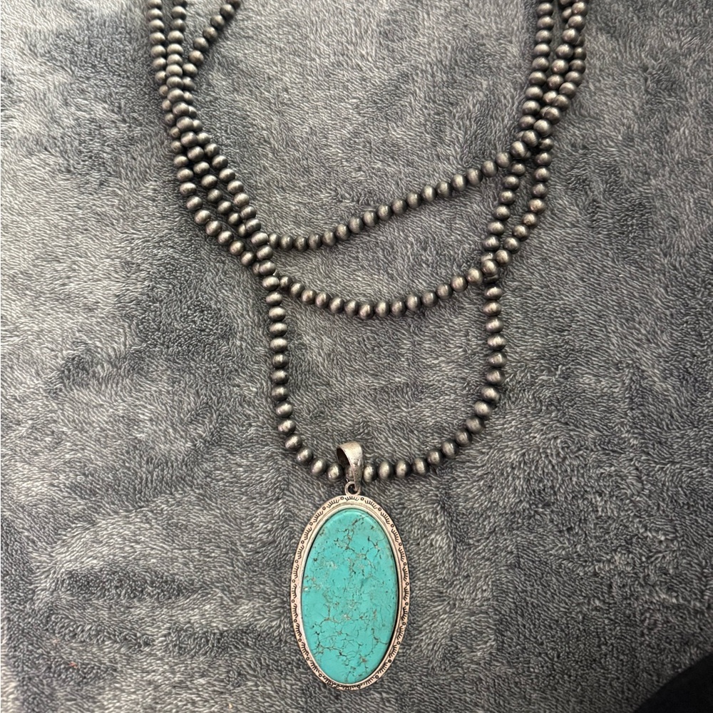 Turquoise Pendant Necklace with Silver Beads